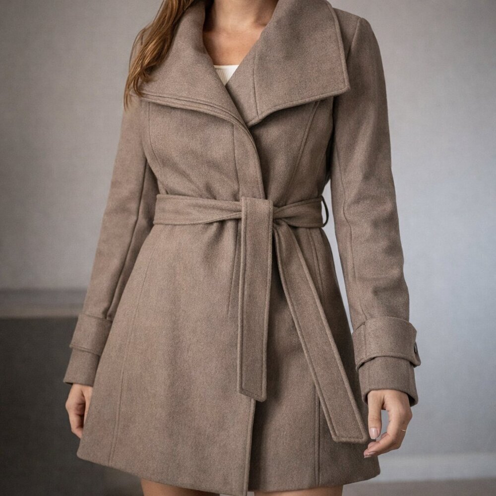 Babaton Atelier Wool Blend Wrap Coat Taupe Belted Size XXS